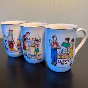 Set of 3 Vintage NORMAN ROCKWELL "Good Old Days"  Collection  Mugs / Cups 1982